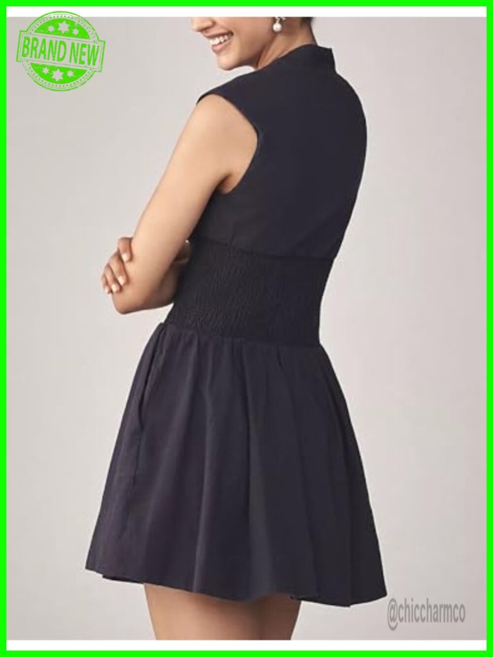 V Neck Summer Dress Cap Sleeve Zipper Mini Smocked Slit Dress with Pockets - Picture 6 of 7